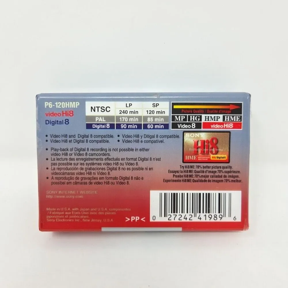 Sony P6-120HMP Hi8 HMP DIGITAL8 60 / 120min Blank Video Cassette New Sealed